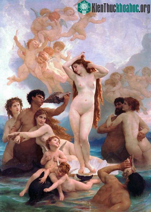 Tượng nữ thần Aphrodite đứng trên vỏ sò, bên dưới là hai chú cá heo