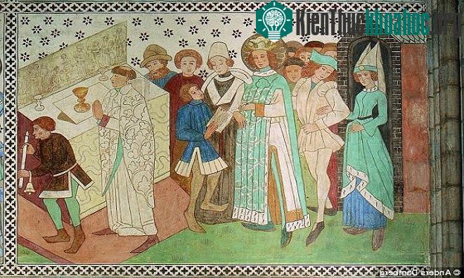 Bức tranh trên tường nhà thờ Uppsala vẽ hình vua Erik mặc áo choàng xanh. (Ảnh: Anders Damberg.)