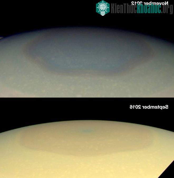 Đám mây hình lục giác trên sao Thổ chuyển từ màu xanh sang màu vàng khi đổi mùa. (Ảnh: NASA).