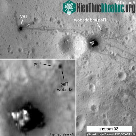 Hình ảnh từ camera của tàu LRO cho thấy lá cờ của Apollo 16 vẫn còn tồn tại với chiếc bóng đổ của nó.