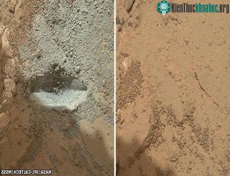 Bề mặt đá trước và sau khi Curiosity khoan.