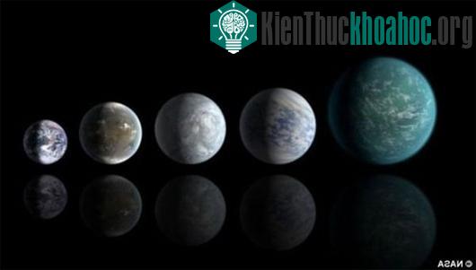 Các hành tin nằm trong vùng có thể duy trì sự sống: (từ trái sang) Kepler-22b, Kepler-69c, Kepler-62e, Kepler-62f và Trái đất