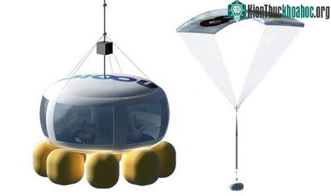 Hệ thống hạ cánh bao gồm bộ phận dù bên trên và 8 túi khí hấp thụ va đập bên dưới cabin. (Ảnh: Gizmag)