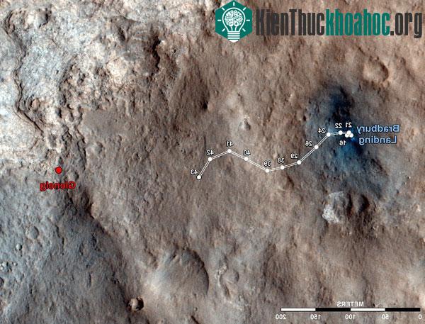 Tuyến đường tàu tự hành Curiosity đã đi kể từ khi đặt chân lên sao Hỏa. Vùng Glenelg ở phía đông là địa điểm nghiên cứu khoa học lớn đầu tiên của sứ mệnh thăm dò sao Hỏa.