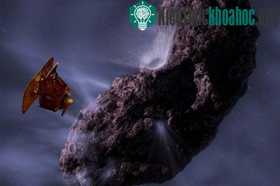 Hình minh họa cảnh tàu Deep Impact bắn đạn vào thiên thạch Tempel 1 để thu bụi vào ngày 3/7/2005. (Ảnh: utahskies.org)