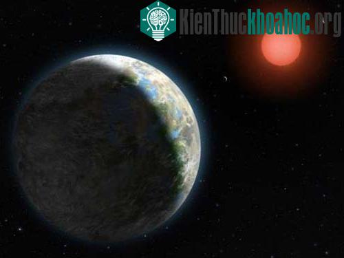 Hình ảnh mô phỏng hành tinh Gliese 581g cùng mặt trời màu đỏ cam của nó.