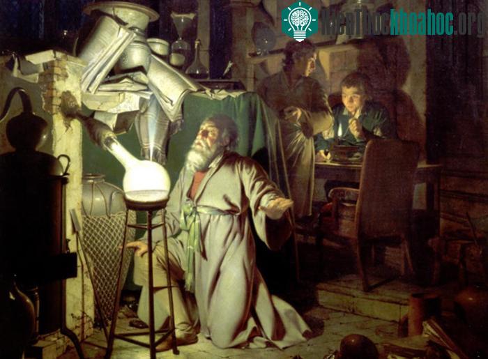 Mô phỏng nhà giả kim chế tạo ra hòn đá phủ thủy do họa sỹ Joseph Wright vẽ năm 1771. (Ảnh: Pinit).