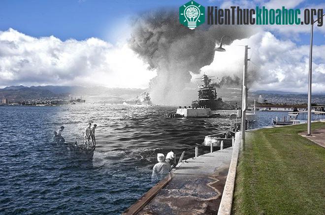 Khoảnh khắc tàu USS California (BB 44) cháy trong cuộc tấn công của Phát xít Nhật. Tàu USS Arizona (BB 39) cũng đang bốc cháy sau đó tại Trân Châu Cảng.