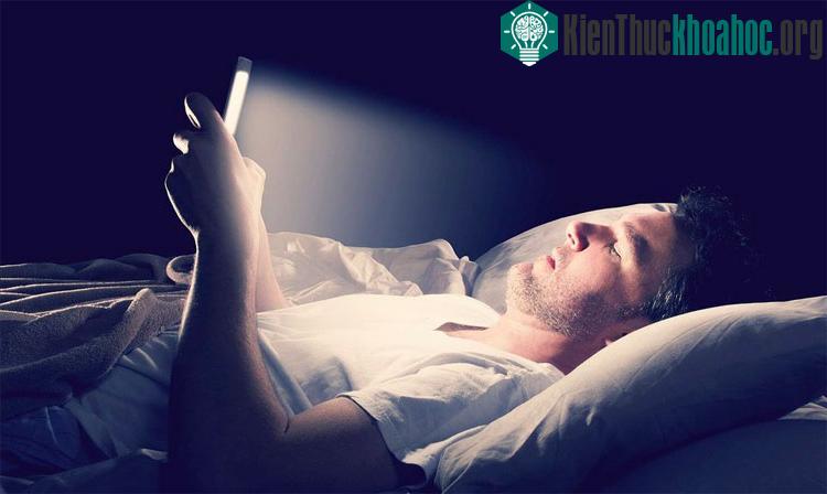 Ánh sáng xanh phát ra từ màn hình điện thoại vào ban đêm khiến não ngừng sản xuất melatonin. (Ảnh: My Science Academy).