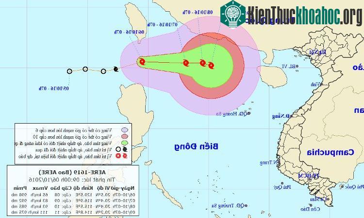 Vị trí và đường đi của bão Aere.