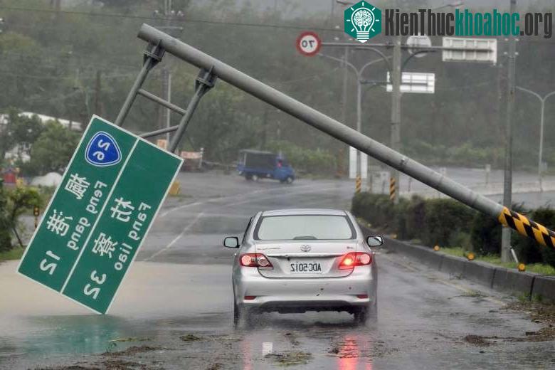 Một chiếc xe đi dưới cột biển báo ngã đổ do bão.
