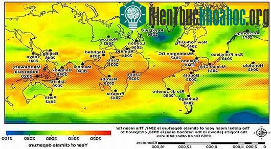 Bản đồ mô tả thời điểm các thành phố sẽ phải hứng chịu hậu quả của sự biến đổi khí hậu khắc nghiệt trong thời gian tới nếu chúng ta không kìm giữ khí thải gây hiệu ứng nhà kính ngay hôm nay. (Ảnh:&...
