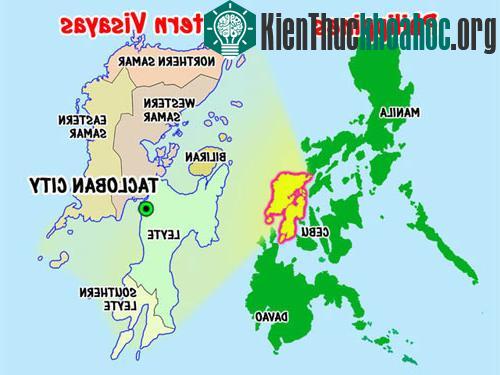 Thành phố Tacloban (chấm xanh), nơi được mô tả là có hơn 100 thi thể nằm la liệt trên đường sau khi bão Haiyan đi qua. (Ảnh: blancsablon.com)