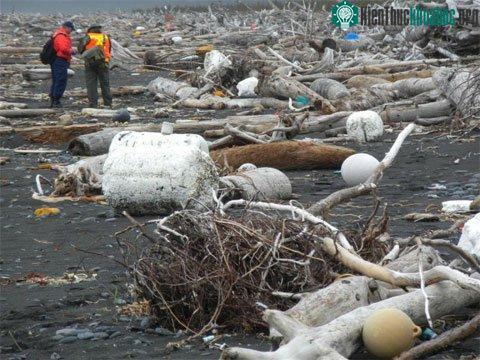 Xốp trắng và phao đen trải dài hàng chục cây số trên bờ biển đảo Monague, Alaska. (Ảnh: GulfofAlaskaKeeper)
