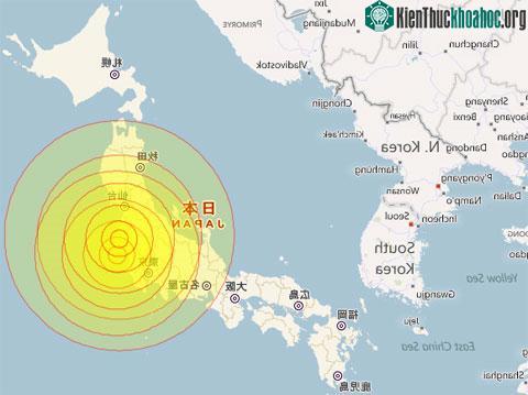Địa điểm và độ lớn của trận động đất xảy ra gần nhà máy điện hạt nhân Fukushima. (Đồ họa: Myforecast)