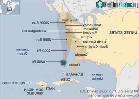 Đường đi của bão Irene. (Đồ họa: NOOA)