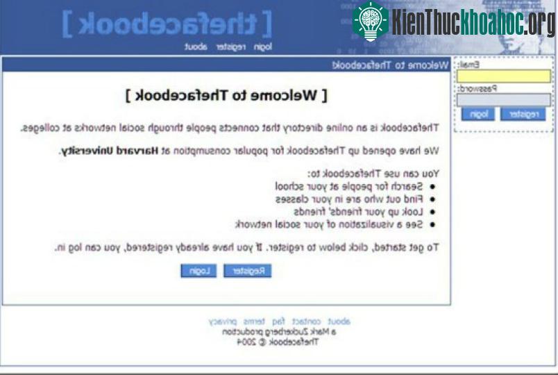 Giao diện của "thefacebook" (sau được đổi thành Facebook) năm 2004.