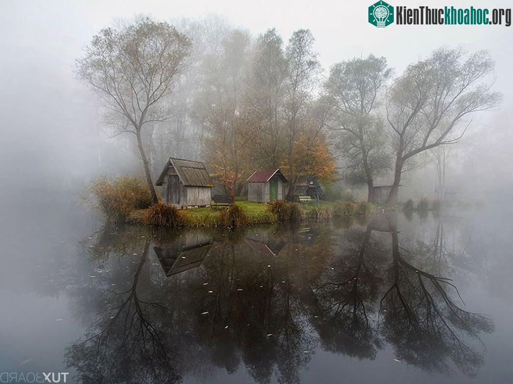The Village. Bức ảnh chụp những ngôi nhà gỗ nhỏ xíu nằm giữa một cồn đất nhỏ, ở Hungary,