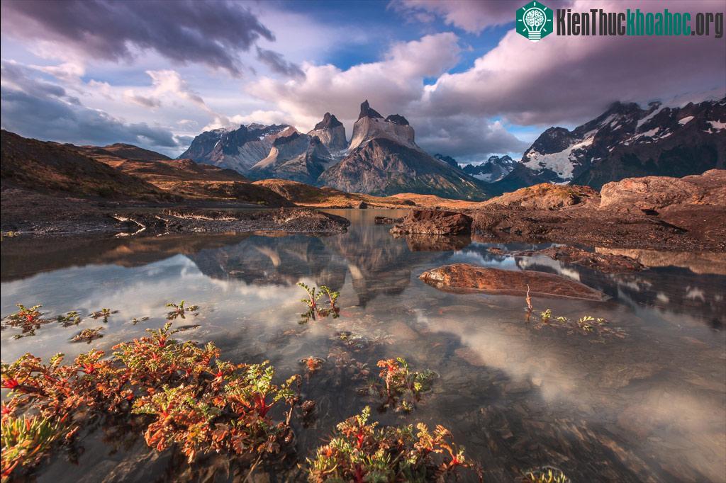 Dãy Torres del Paine soi bóng xuống làn nước lạnh giá của sông băng Nordenskjöld ở Công viên quốc gia Torres del Paine, Chile.
