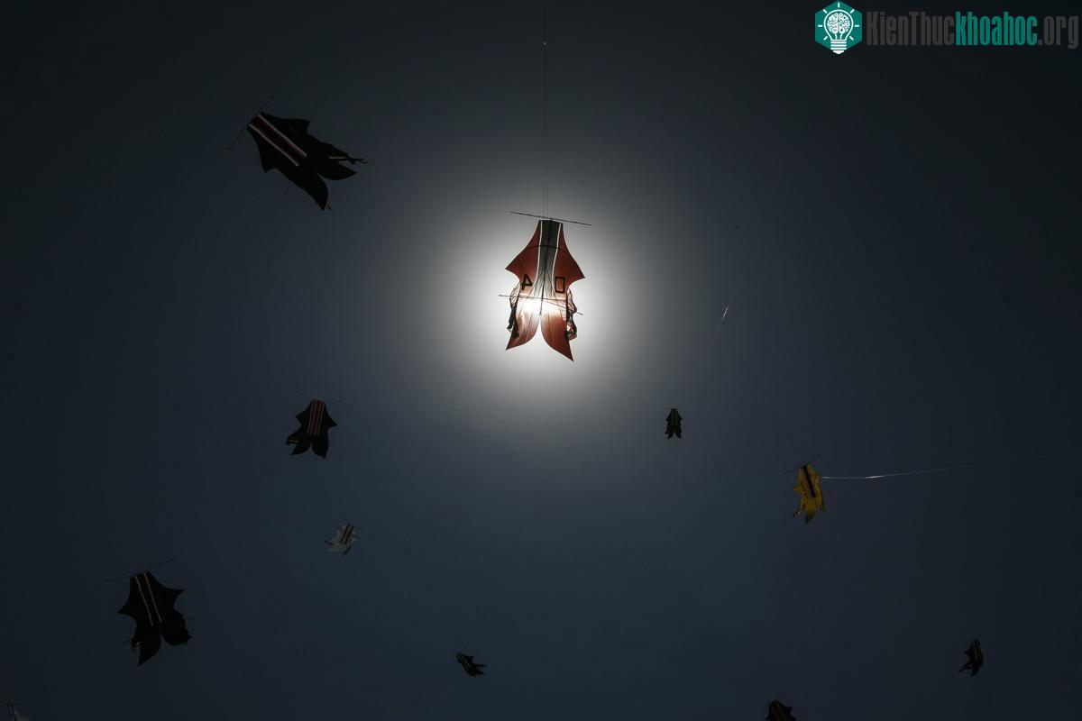 Một con diều bay ngang qua mặt trời khi người dân Bali đang thả diều ở lễ hội Bali Kite Festival, tại Sanur, Bali, Indonesia, 03/07/2015. Màu chính củ...