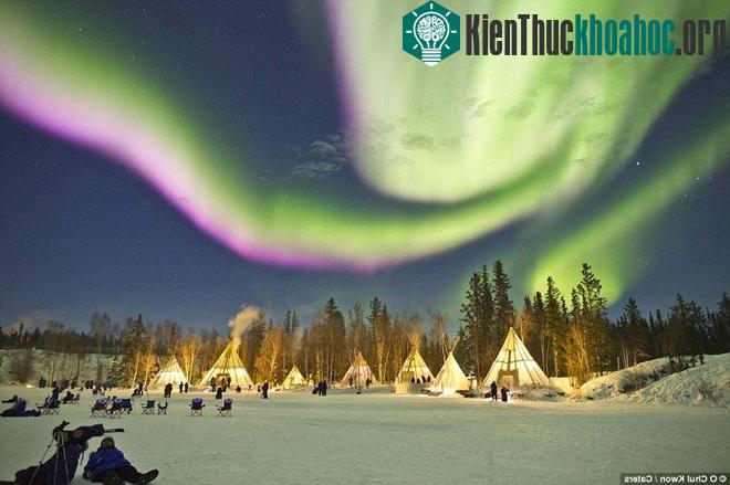 Dải sáng xanh lá cây và hồng trên bầu trời đêm ở Canada. Cực quang hiện ra rõ nét nếu thời tiết thuận lợi. (Ảnh: Caters News)