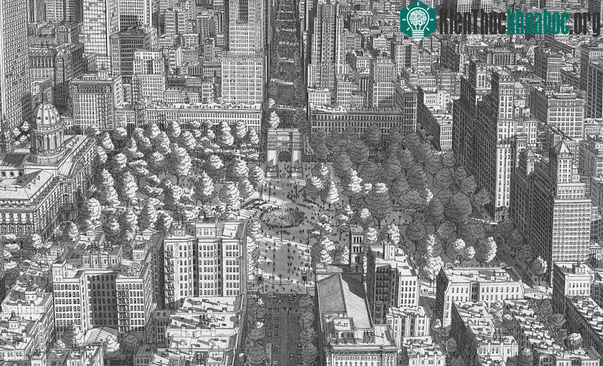 Quảng trường Washington, New York với những tán cây và tòa nhà cao tầng.