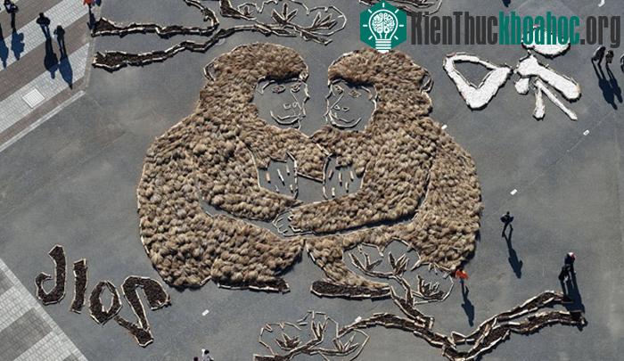 Hình ảnh hai con khỉ làm từ 15.000 quả thông và cành cây thu hút sự chú ý của người qua lại trong công viên ven biển Hitachi ở thành phố Hitachinaka, Nhật Bản. (Ảnh: Getty)