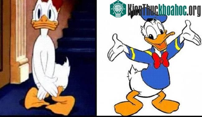 Vịt Donald dùng tay che chắn chỗ bình thường không mặc gì.