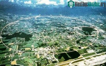 Toàn cảnh Trung tâm Nghiên cứu Hạt nhân Châu ÂU CERN (đường tròn mô phỏng quỹ đạo các hạt gia tốc với chu vi 27km ở biên giới Pháp -Thụy Sĩ)