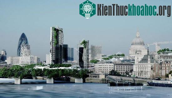 Phối cảnh một thành phố với các tòa nhà hấp thu khí CO2 .