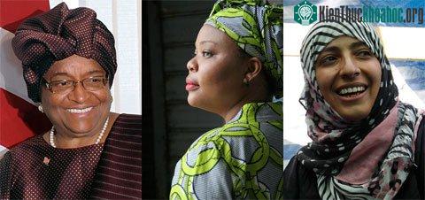Từ trái qua: Sirleaf, Gbowee và Karman. (Ảnh: Nobelprize)