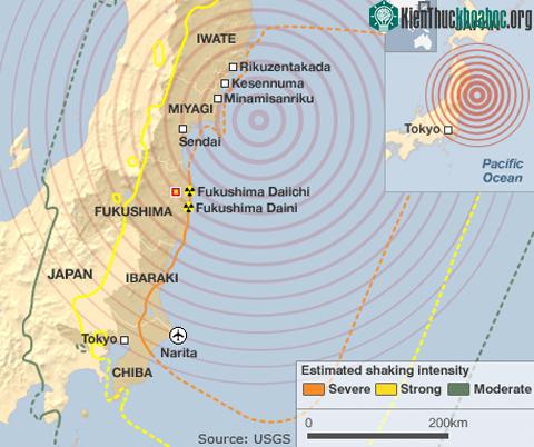Vị trí nhà máy điện hạt nhân Fukushima I và II. Đồ họa: BBC