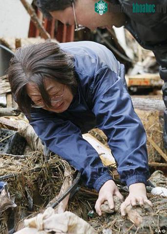 Yoshie Murakami khóc đau đớn khi nắm lấy tay người mẹ bị chôn vui trong đống đổ nát gần nhà ở Rikuzentakata. Theo Daily Mail, hiện đã có 25.000 người chết vì động đất và sóng thần ở Nhật. (Ảnh: AP)