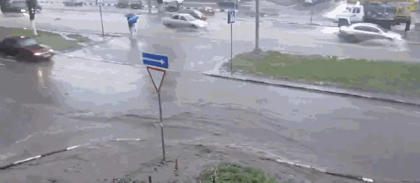 Xa xa bên cửa sổ là hai người đàn ông vừa ngã lộn cổ vì mưa.