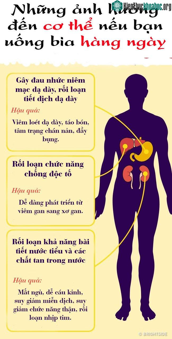 Uống quá nhiều bia gây đau nhức niêm mạc dạ dày, rối loạn dịch tiết dạ dày.