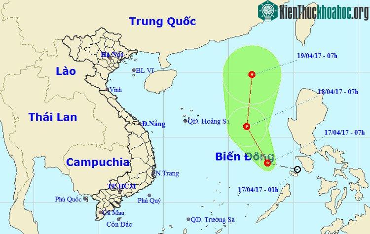 Vị trí và dự báo hướng di chuyển của áp thấp nhiệt đới - (Nguồn: Trung tâm Dự báo khí tượng thuỷ văn Trung ương).