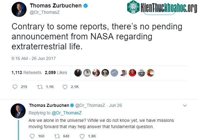 "Trái ngược với một số báo cáo, không có công bố nào từ NASA về vấn đề sự sống ngoài hành tinh". "Chúng ta có cô đơn trong vũ trụ này? Hiện tại thì ta chưa biết, nhưng ta đang có nhữ...
