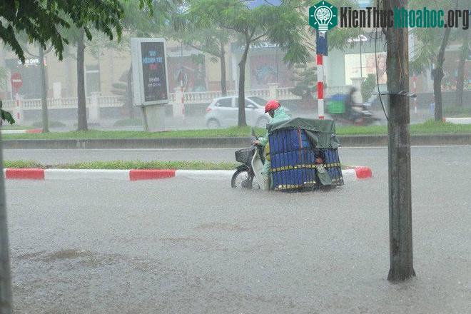 Một chiếc xe máy chở hàng bị chết máy giữa mưa lớn.