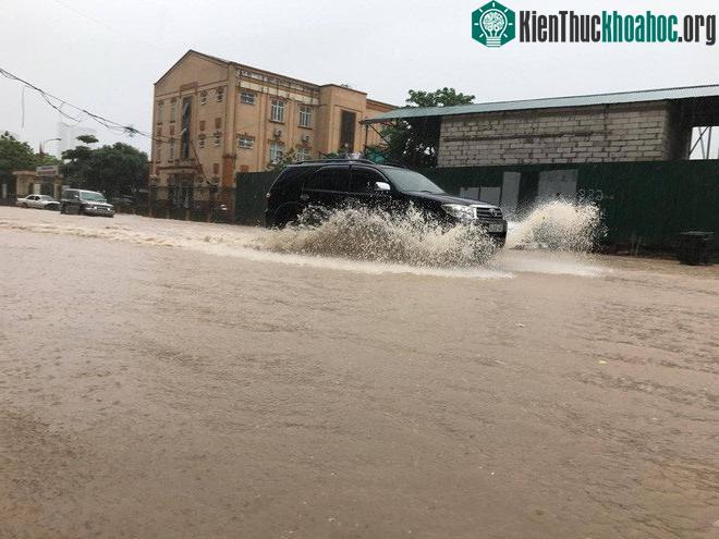 Phố Dương Đình Nghệ (Cầu Giấy, Hà Nội) ngập nửa bánh xe.