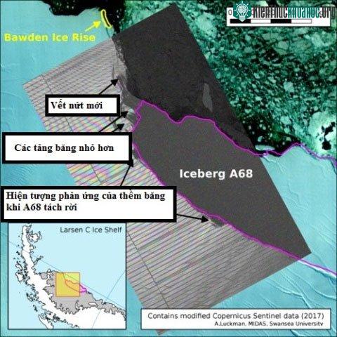 Vết nứt mới xuất hiện sau khi tảng băng A68 tách khỏi thềm băng Larsen C.