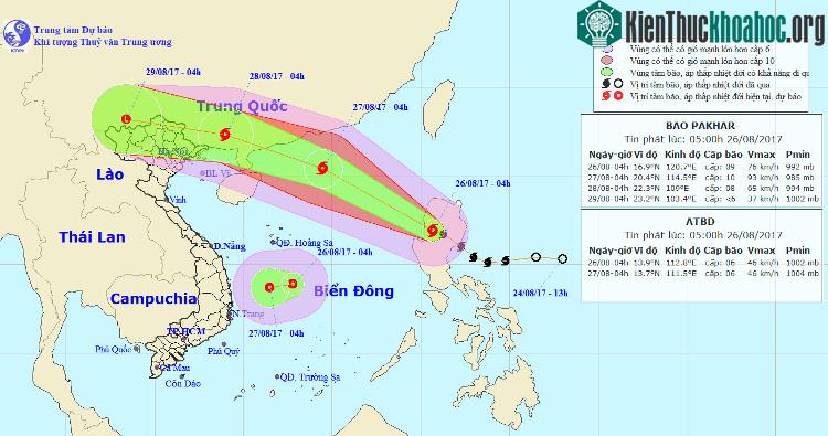 Vị trí và đường đi của bão Pakhar cùng áp thấp nhiệt đới.