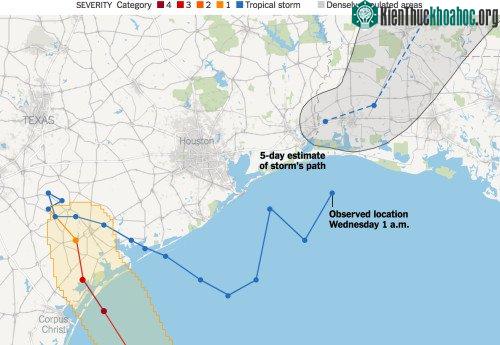 Đường đi của bão Harvey đến 1 giờ sáng 30/8.