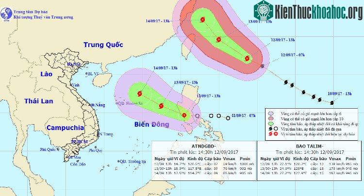 Vị trí, đường đi của bão Talim và áp thấp nhiệt đới.