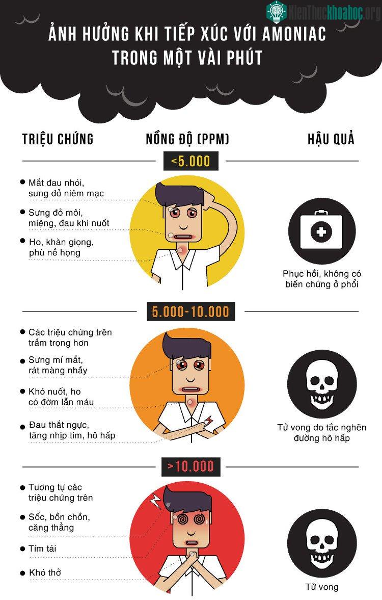 Mối nguy hiểm khi tiếp xúc với amoniac. (Đồ họa: Phượng Nguyễn).