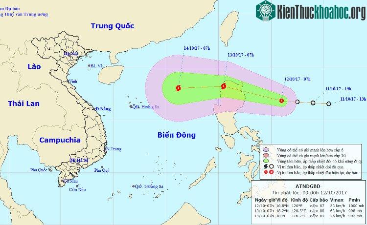 Dự báo đường đi và khu vực chịu sự tác động của áp thấp nhiệt đới. (Ảnh: NCHMF).