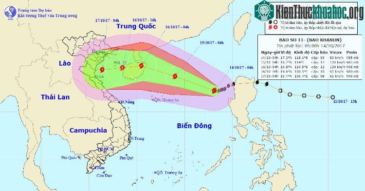 Vị trí và hướng đi của bão Khanun.