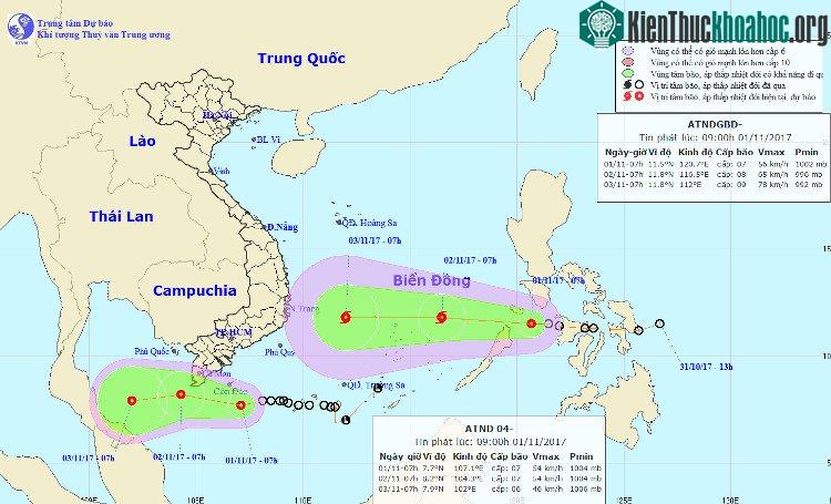 Vị trí của áp thấp nhiệt đới gần bờ và áp thấp nhiệt đới gần biển Đông.
