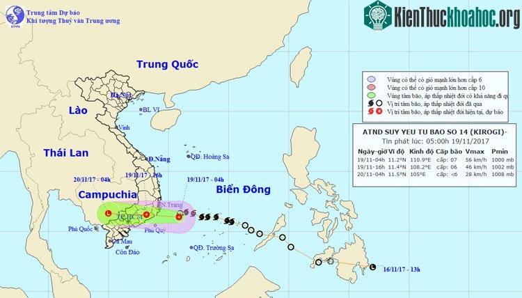 Vị trí và hướng đi của bão số 14.