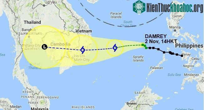 Cơ quan Khí tượng Hong Kong dự báo hướng di chuyển của bão Damrey. (Ảnh: HKO).