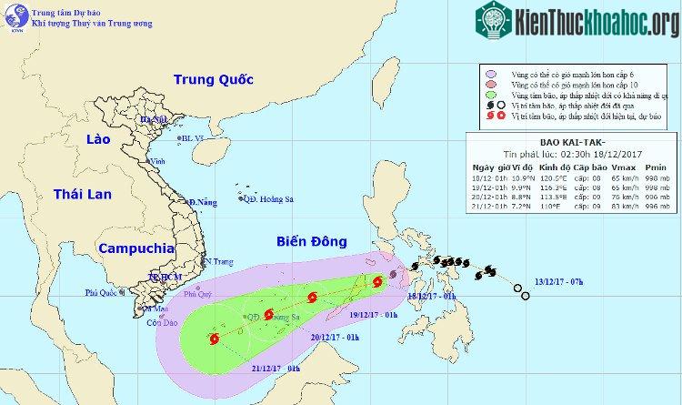 Vị trí và hướng đi của bão Kai-Tak.